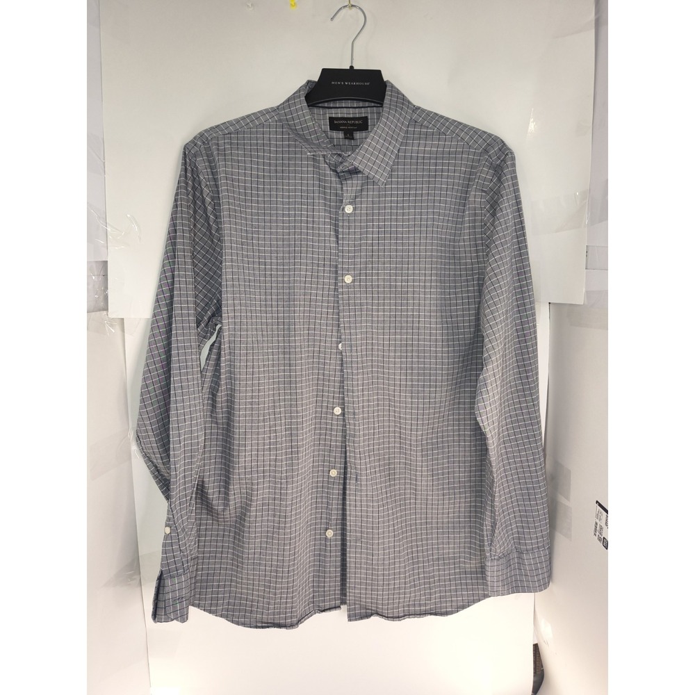 Banana Republic Shirt Mens M Gray Check Wrinkle Resistant Button Up Long Sleeve